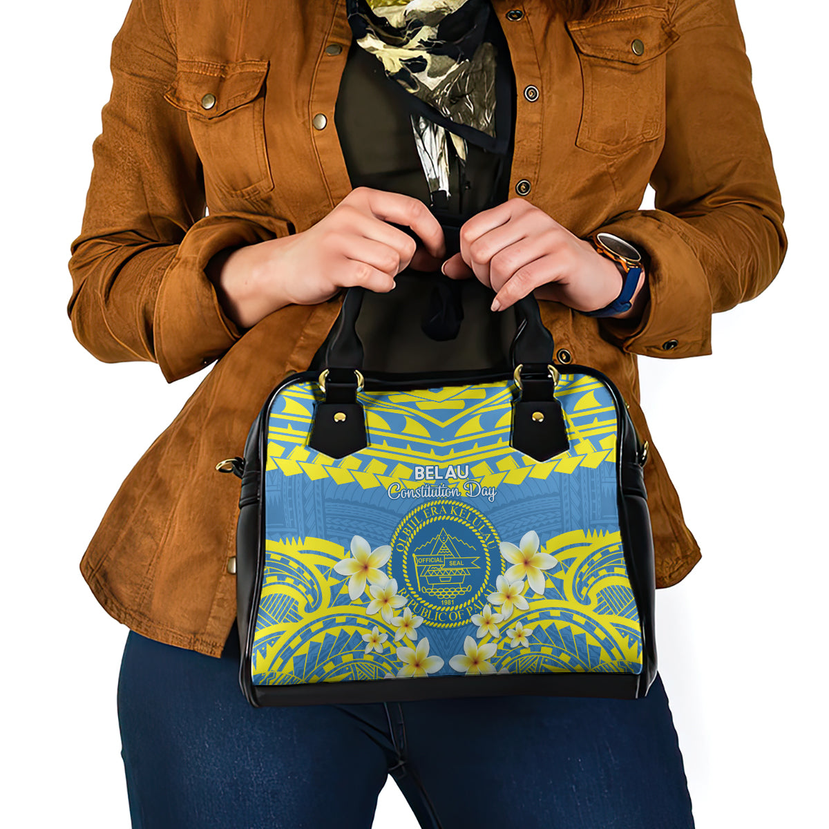 Palau Constitution Day Shoulder Handbag Belau Seal With Frangipani Polynesian Pattern - Blue LT14 - Polynesian Pride