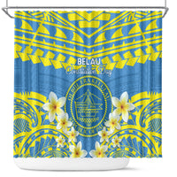 Palau Constitution Day Shower Curtain Belau Seal With Frangipani Polynesian Pattern - Blue LT14 Blue - Polynesian Pride