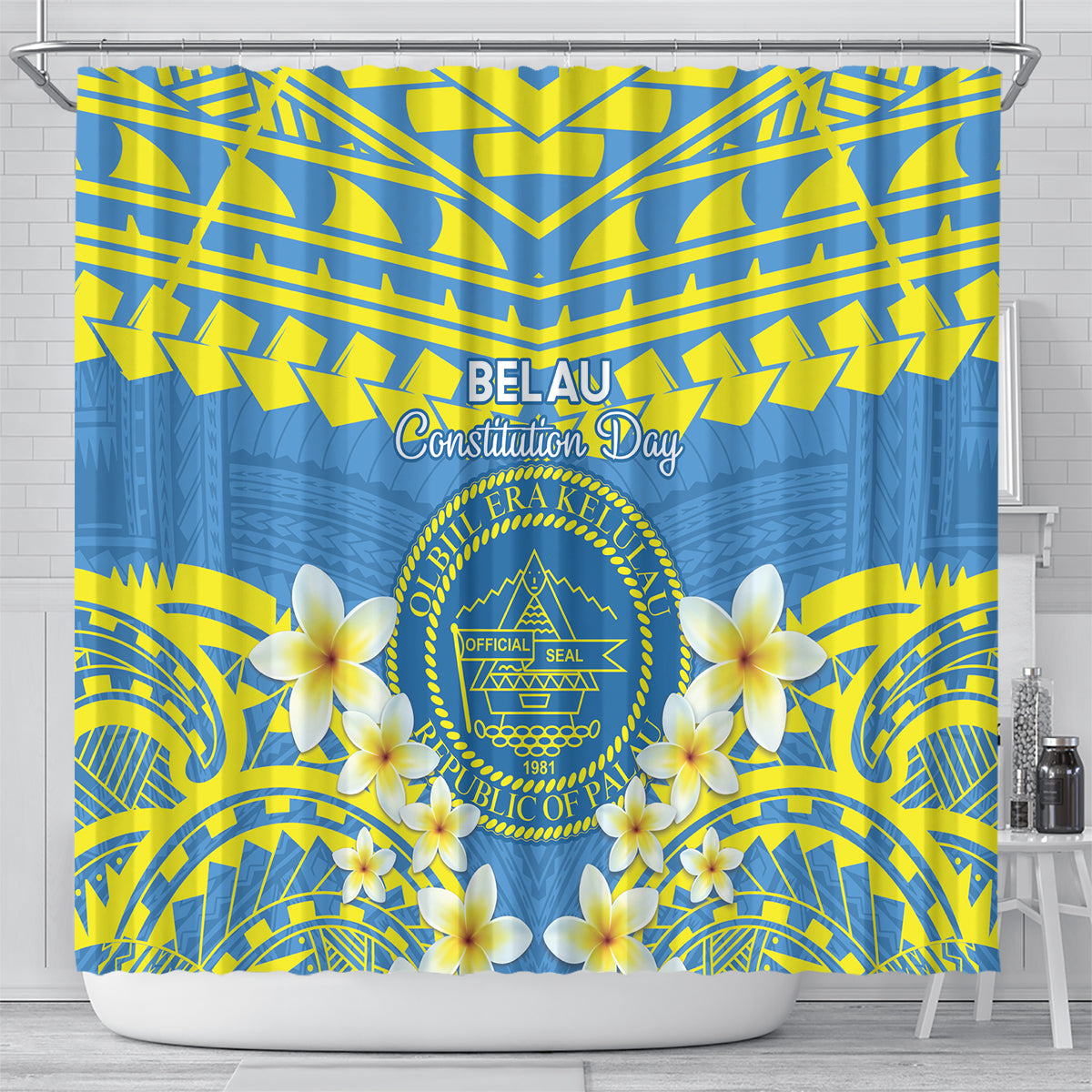 Palau Constitution Day Shower Curtain Belau Seal With Frangipani Polynesian Pattern - Blue LT14 - Polynesian Pride