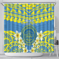 Palau Constitution Day Shower Curtain Belau Seal With Frangipani Polynesian Pattern - Blue LT14 - Polynesian Pride