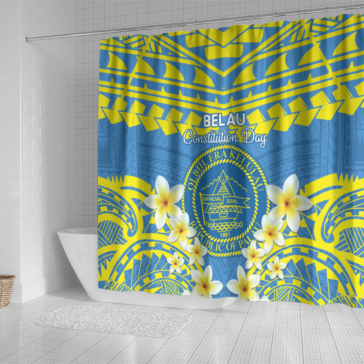 Palau Constitution Day Shower Curtain Belau Seal With Frangipani Polynesian Pattern - Blue LT14 - Polynesian Pride