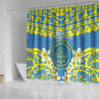 Palau Constitution Day Shower Curtain Belau Seal With Frangipani Polynesian Pattern - Blue LT14 - Polynesian Pride