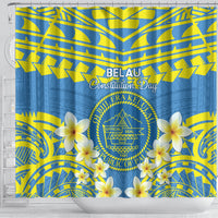 Palau Constitution Day Shower Curtain Belau Seal With Frangipani Polynesian Pattern - Blue LT14 - Polynesian Pride