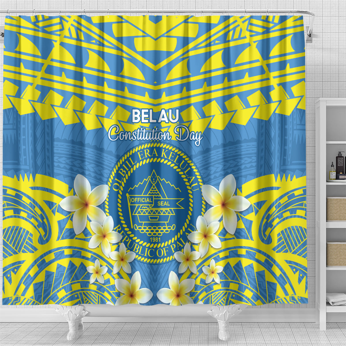 Palau Constitution Day Shower Curtain Belau Seal With Frangipani Polynesian Pattern - Blue LT14 - Polynesian Pride