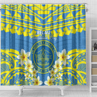 Palau Constitution Day Shower Curtain Belau Seal With Frangipani Polynesian Pattern - Blue LT14 - Polynesian Pride