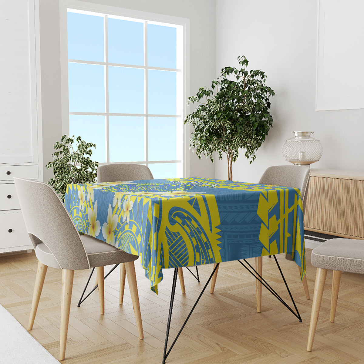 Palau Constitution Day Tablecloth Belau Seal With Frangipani Polynesian Pattern - Blue