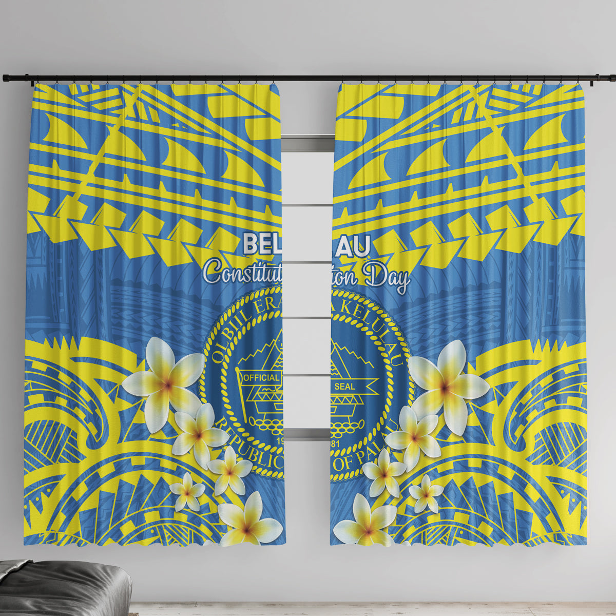 Palau Constitution Day Window Curtain Belau Seal With Frangipani Polynesian Pattern - Blue LT14 With Hooks Blue - Polynesian Pride