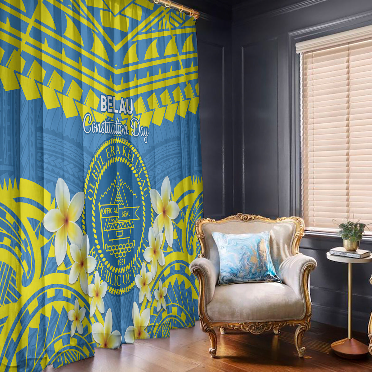 Palau Constitution Day Window Curtain Belau Seal With Frangipani Polynesian Pattern - Blue LT14 - Polynesian Pride