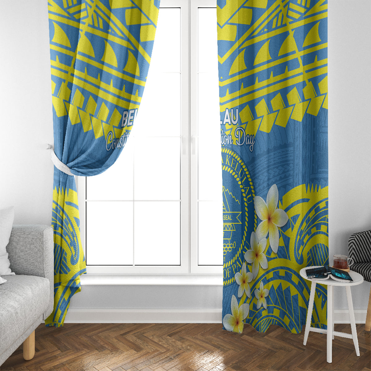 Palau Constitution Day Window Curtain Belau Seal With Frangipani Polynesian Pattern - Blue LT14 - Polynesian Pride