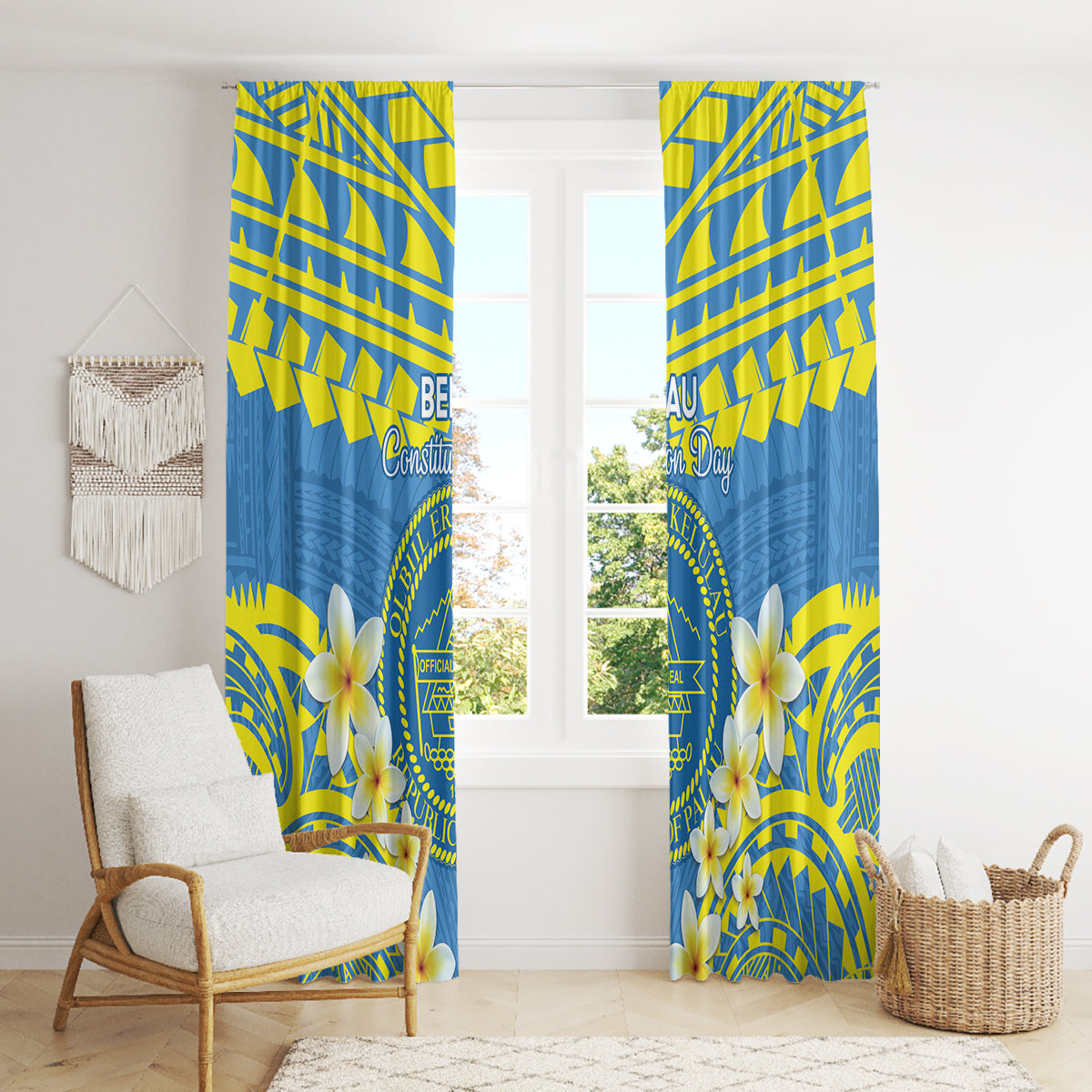 Palau Constitution Day Window Curtain Belau Seal With Frangipani Polynesian Pattern - Blue LT14 - Polynesian Pride