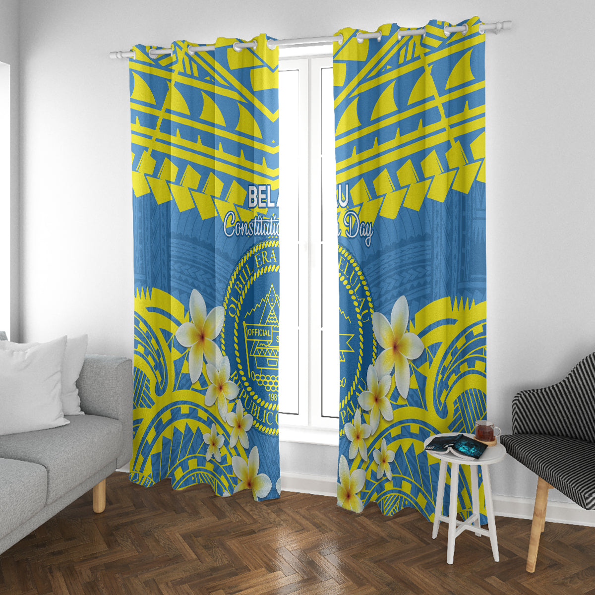 Palau Constitution Day Window Curtain Belau Seal With Frangipani Polynesian Pattern - Blue LT14 With Grommets Blue - Polynesian Pride