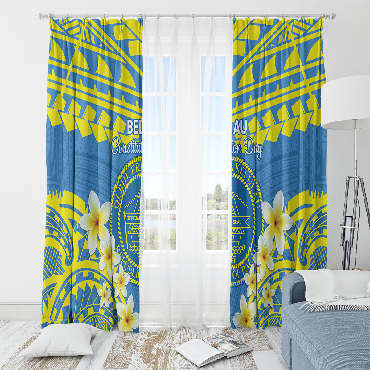 Palau Constitution Day Window Curtain Belau Seal With Frangipani Polynesian Pattern - Blue LT14 - Polynesian Pride
