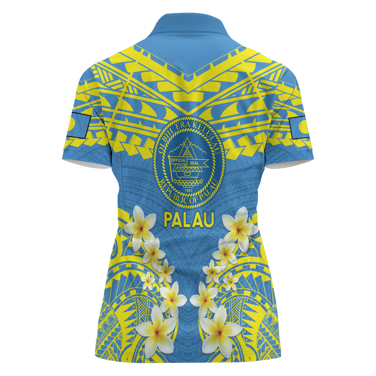 Palau Constitution Day Women Polo Shirt Belau Seal With Frangipani Polynesian Pattern - Blue