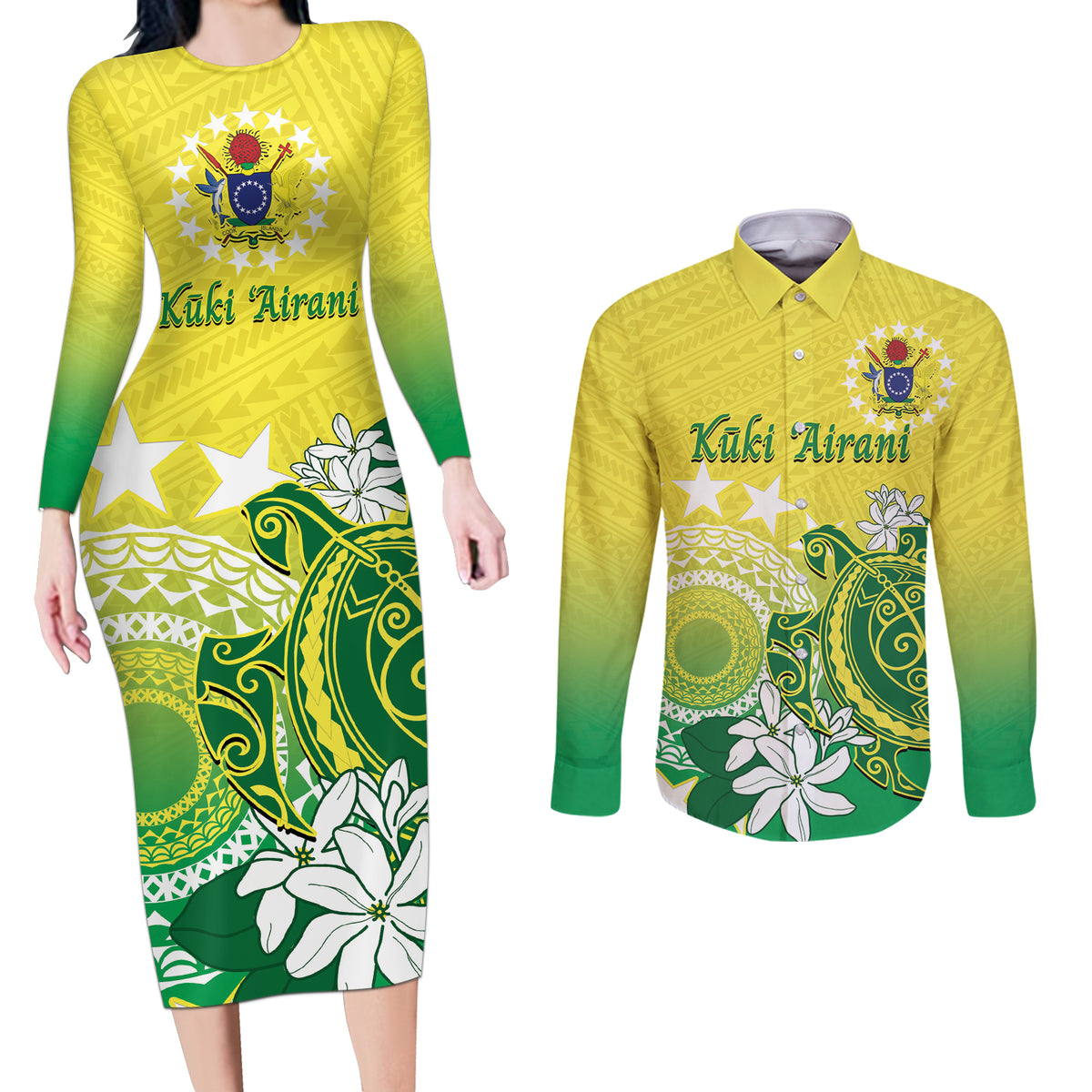 Cook Islands Independence Day Couples Matching Long Sleeve Bodycon Dress and Long Sleeve Button Shirt Kuki Airani Tiare Maori Polynesian Pattern - Green LT14 Green - Polynesian Pride