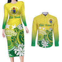 Cook Islands Independence Day Couples Matching Long Sleeve Bodycon Dress and Long Sleeve Button Shirt Kuki Airani Tiare Maori Polynesian Pattern - Green LT14 Green - Polynesian Pride
