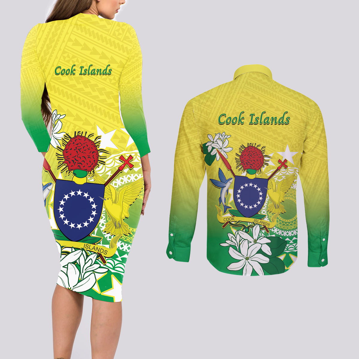 Cook Islands Independence Day Couples Matching Long Sleeve Bodycon Dress and Long Sleeve Button Shirt Kuki Airani Tiare Maori Polynesian Pattern - Green LT14 - Polynesian Pride