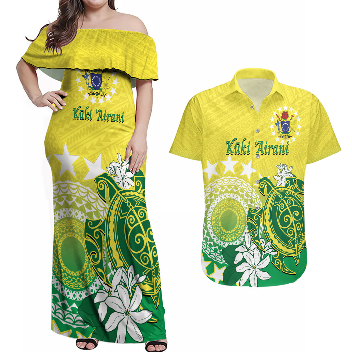 Cook Islands Independence Day Couples Matching Off Shoulder Maxi Dress and Hawaiian Shirt Kuki Airani Tiare Maori Polynesian Pattern - Green LT14 Green - Polynesian Pride