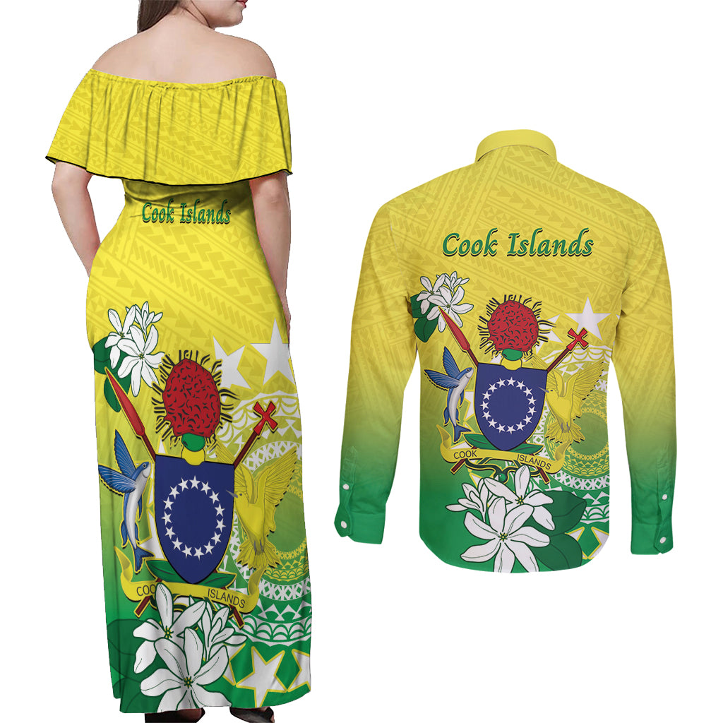 Cook Islands Independence Day Couples Matching Off Shoulder Maxi Dress and Long Sleeve Button Shirt Kuki Airani Tiare Maori Polynesian Pattern - Green LT14 - Polynesian Pride