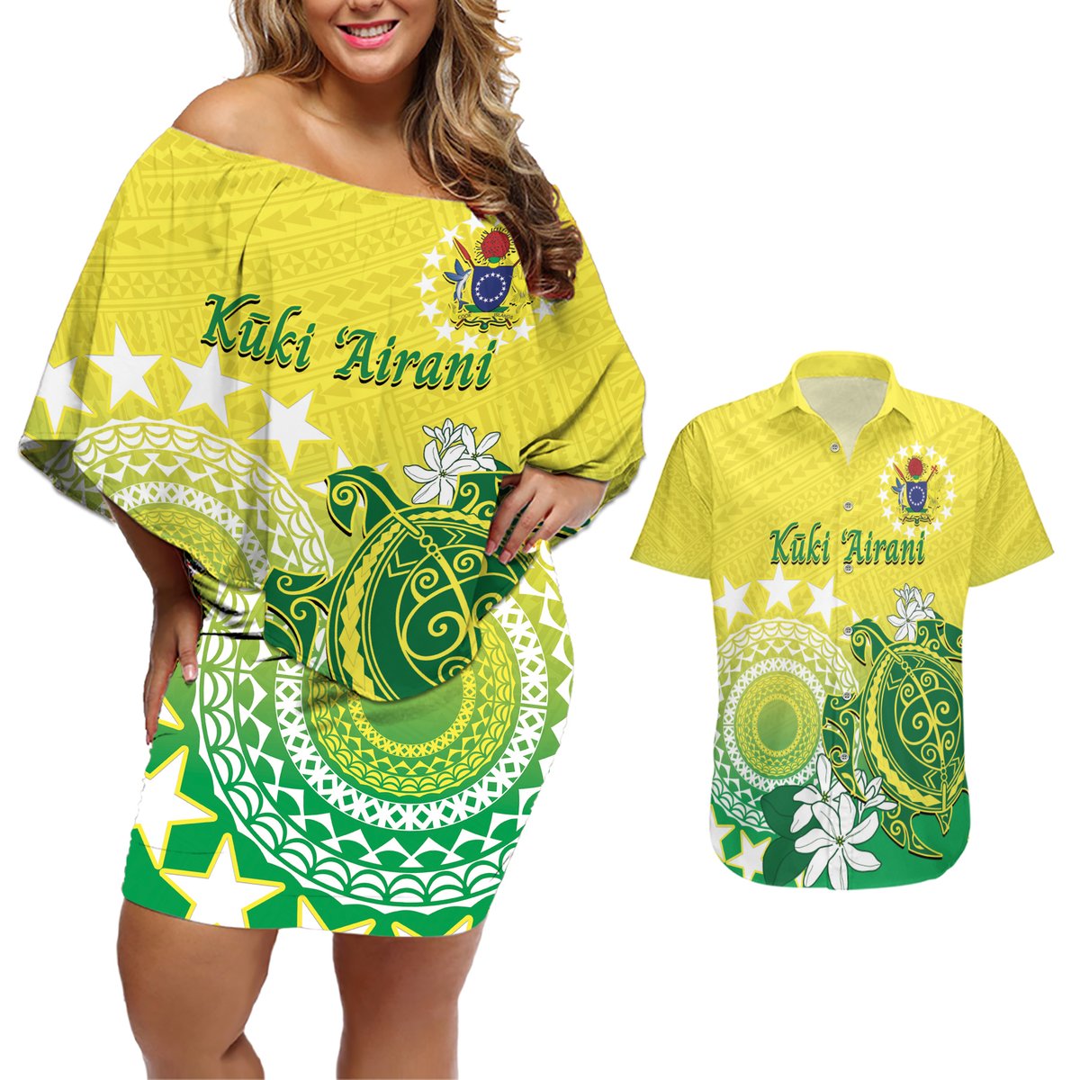 Cook Islands Independence Day Couples Matching Off Shoulder Short Dress and Hawaiian Shirt Kuki Airani Tiare Maori Polynesian Pattern - Green LT14 Green - Polynesian Pride