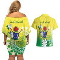 Cook Islands Independence Day Couples Matching Off Shoulder Short Dress and Hawaiian Shirt Kuki Airani Tiare Maori Polynesian Pattern - Green LT14 - Polynesian Pride