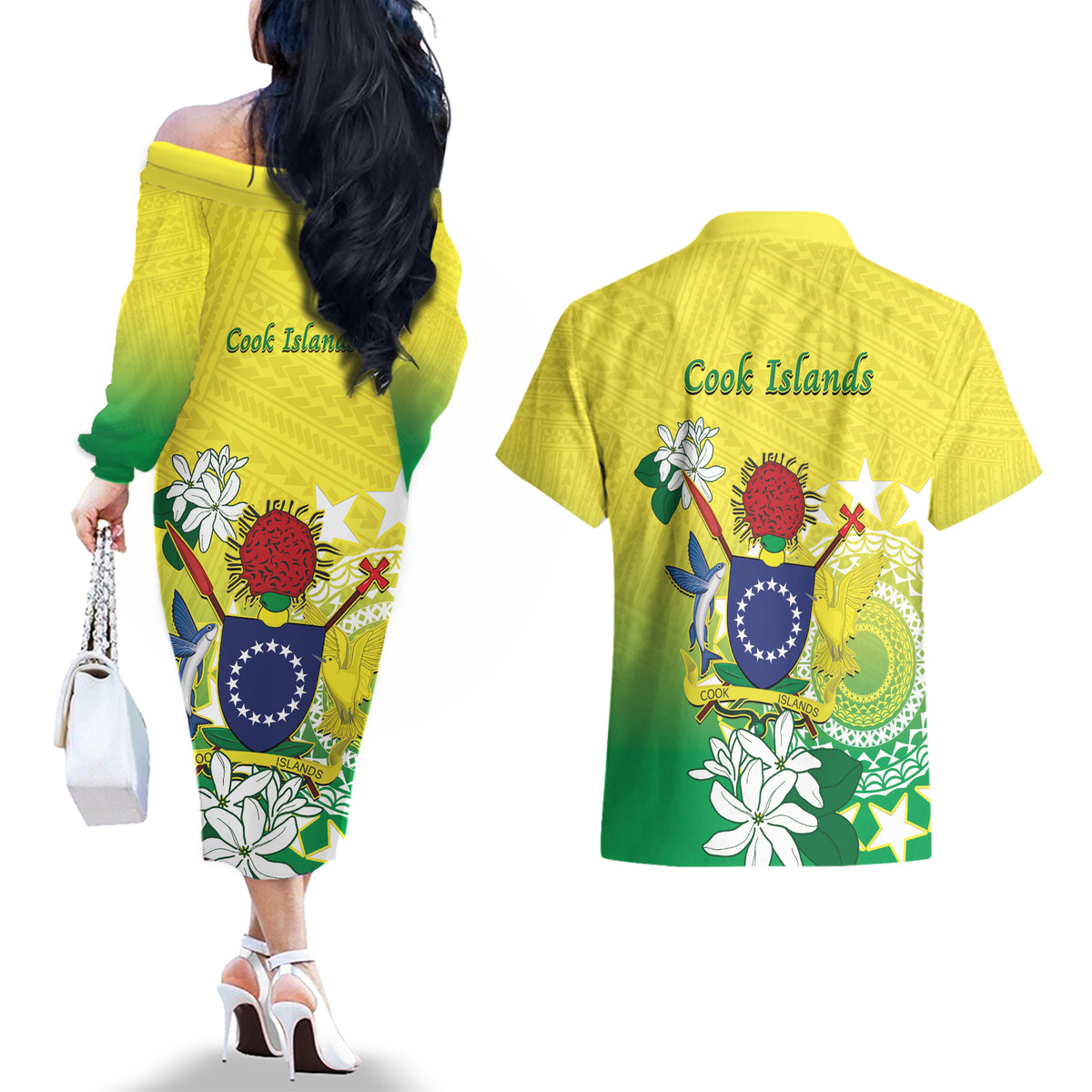 Cook Islands Independence Day Couples Matching Off The Shoulder Long Sleeve Dress and Hawaiian Shirt Kuki Airani Tiare Maori Polynesian Pattern - Green LT14 - Polynesian Pride