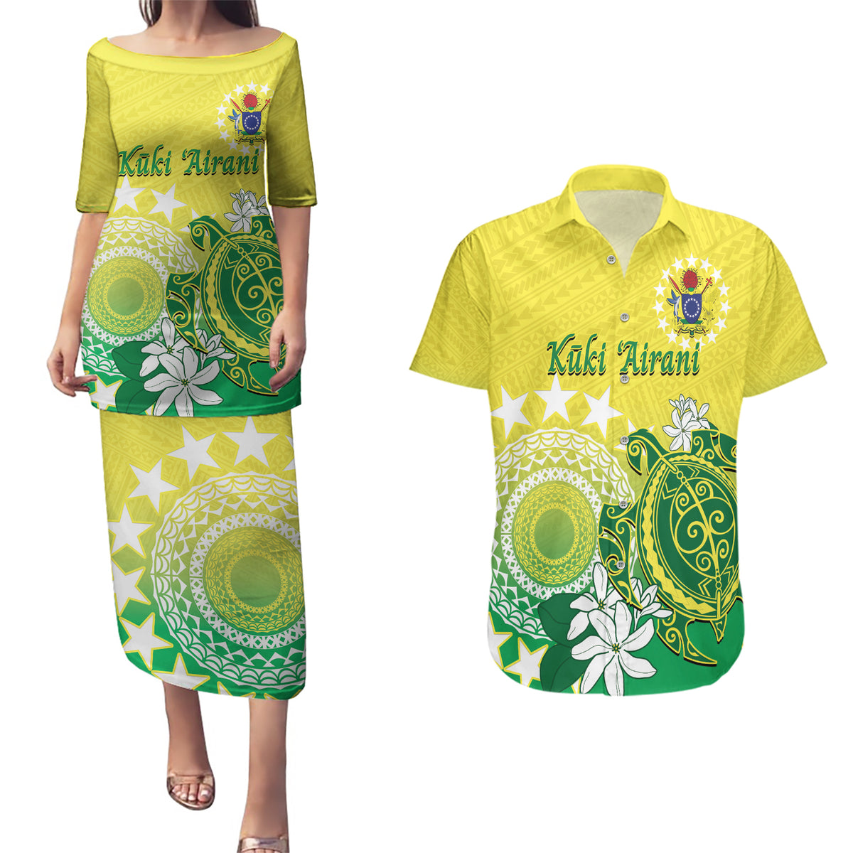 Cook Islands Independence Day Couples Matching Puletasi and Hawaiian Shirt Kuki Airani Tiare Maori Polynesian Pattern - Green LT14 Green - Polynesian Pride