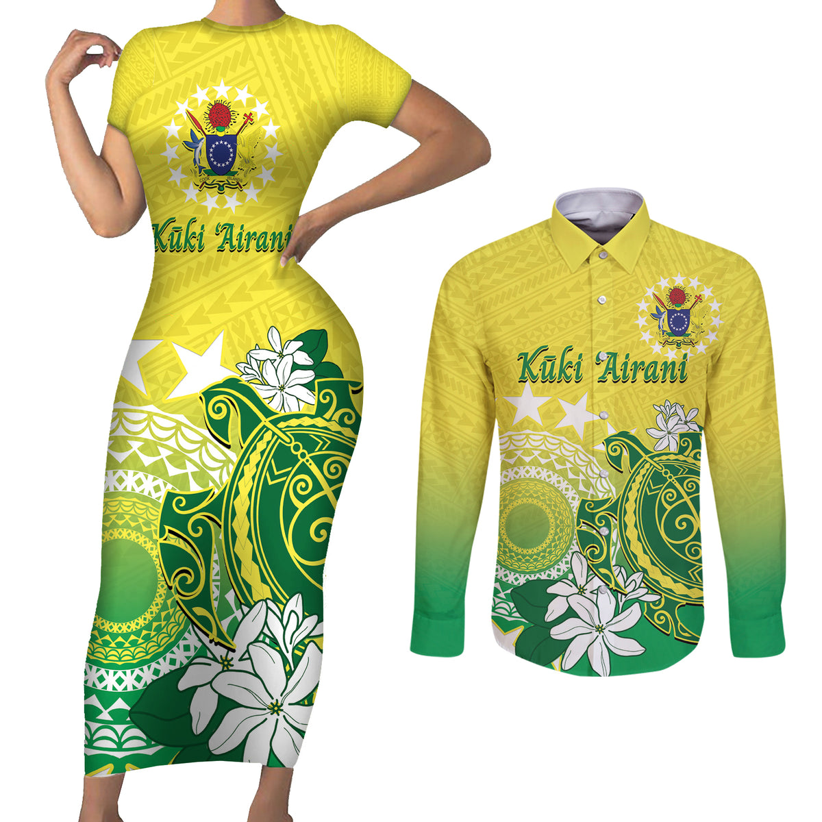 Cook Islands Independence Day Couples Matching Short Sleeve Bodycon Dress and Long Sleeve Button Shirt Kuki Airani Tiare Maori Polynesian Pattern - Green LT14 Green - Polynesian Pride