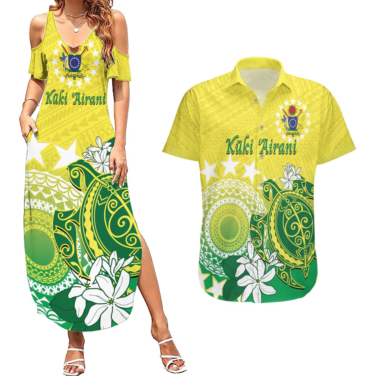 Cook Islands Independence Day Couples Matching Summer Maxi Dress and Hawaiian Shirt Kuki Airani Tiare Maori Polynesian Pattern - Green LT14 Green - Polynesian Pride