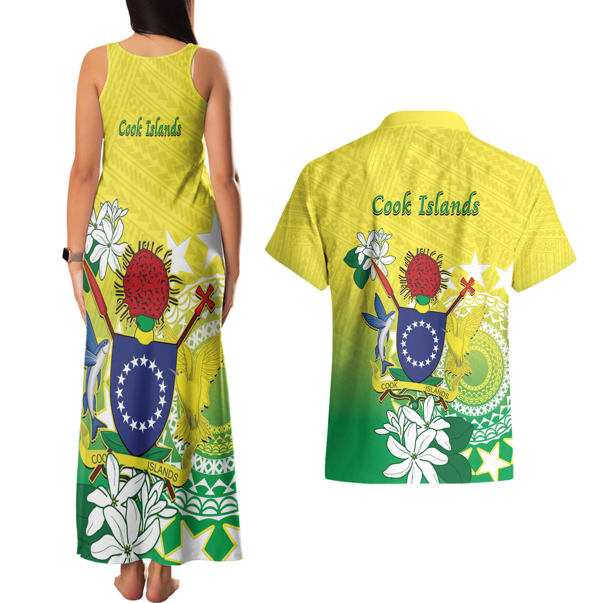 Cook Islands Independence Day Couples Matching Tank Maxi Dress and Hawaiian Shirt Kuki Airani Tiare Maori Polynesian Pattern - Green LT14 - Polynesian Pride