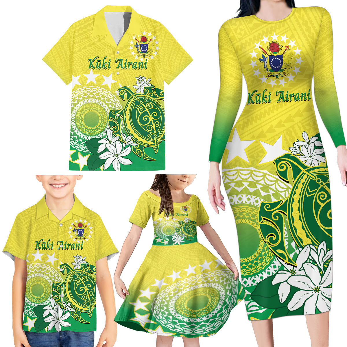 Cook Islands Independence Day Family Matching Long Sleeve Bodycon Dress and Hawaiian Shirt Kuki Airani Tiare Maori Polynesian Pattern - Green LT14 - Polynesian Pride