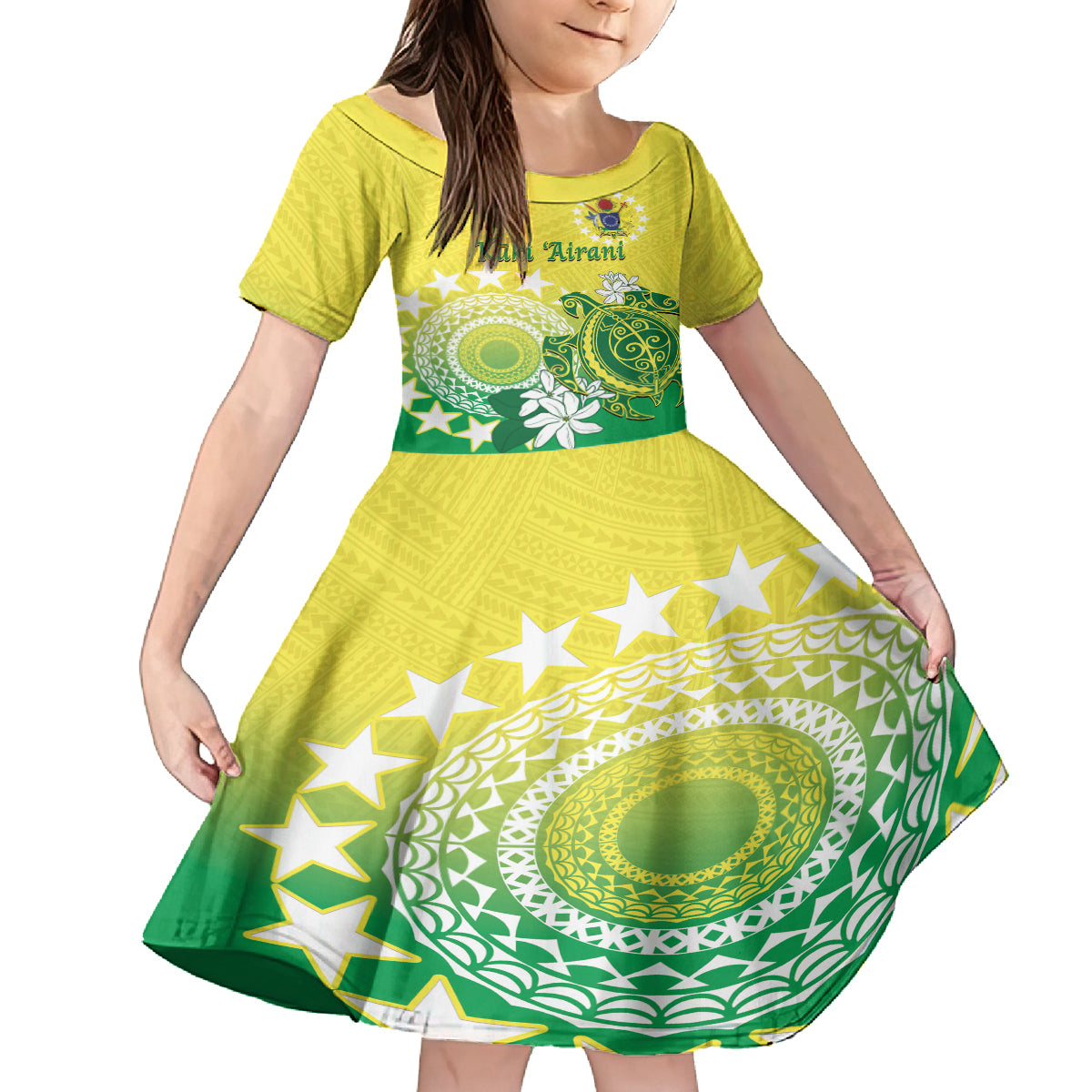 Cook Islands Independence Day Family Matching Off The Shoulder Long Sleeve Dress and Hawaiian Shirt Kuki Airani Tiare Maori Polynesian Pattern - Green LT14 Daughter's Dress Green - Polynesian Pride