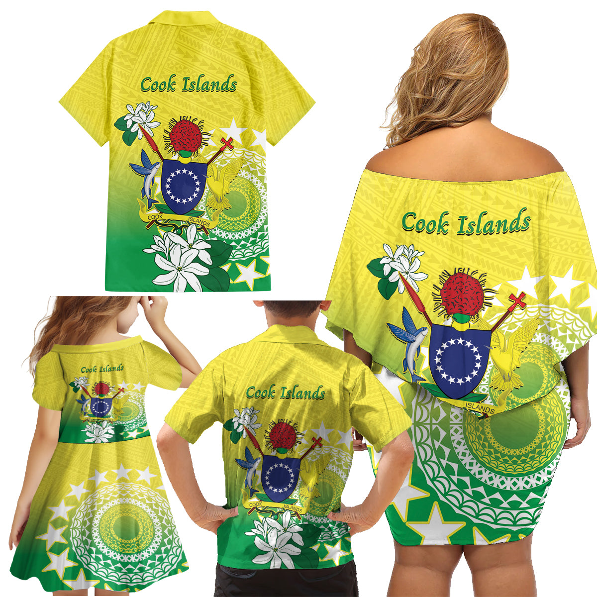 Cook Islands Independence Day Family Matching Off Shoulder Short Dress and Hawaiian Shirt Kuki Airani Tiare Maori Polynesian Pattern - Green LT14 - Polynesian Pride