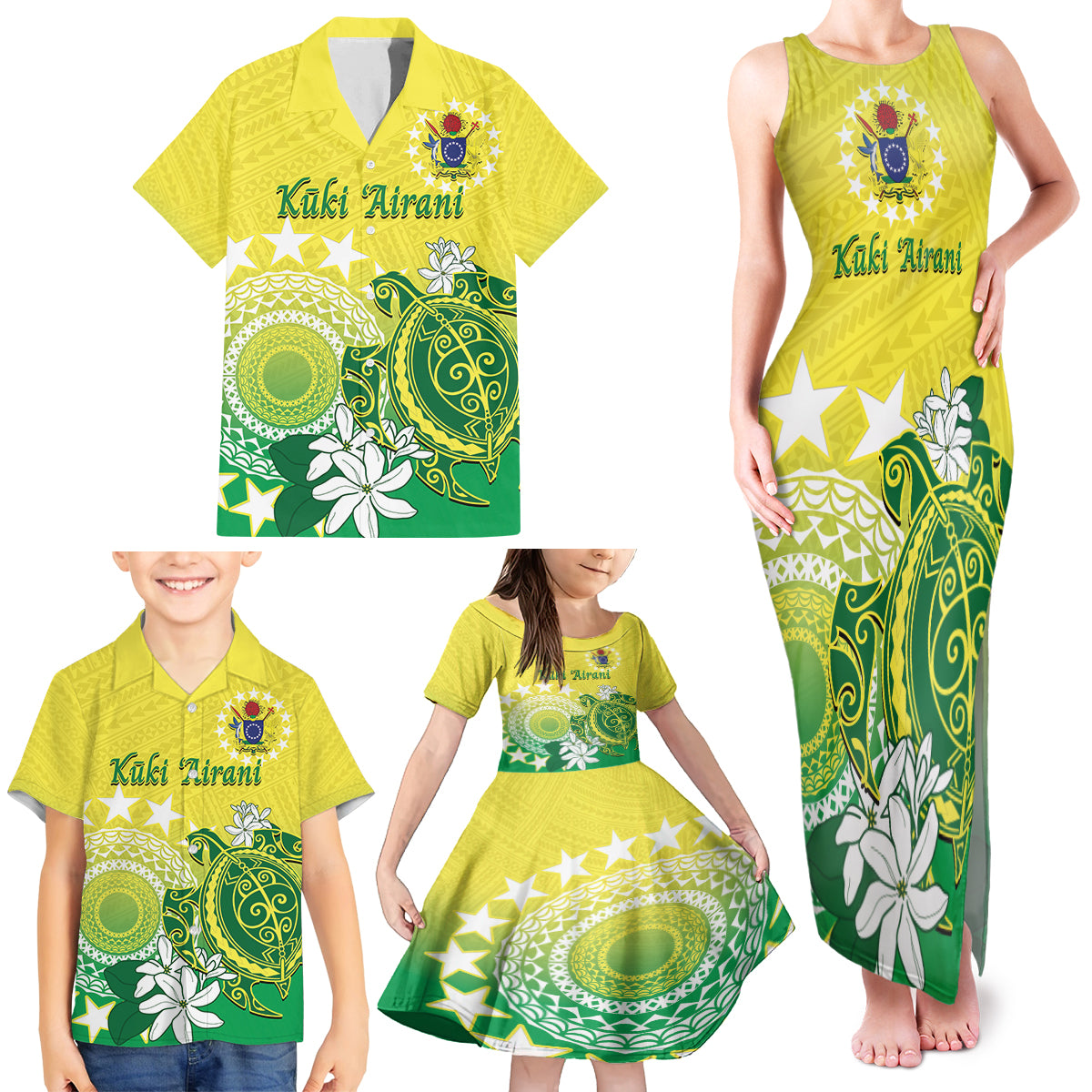 Cook Islands Independence Day Family Matching Tank Maxi Dress and Hawaiian Shirt Kuki Airani Tiare Maori Polynesian Pattern - Green LT14 - Polynesian Pride