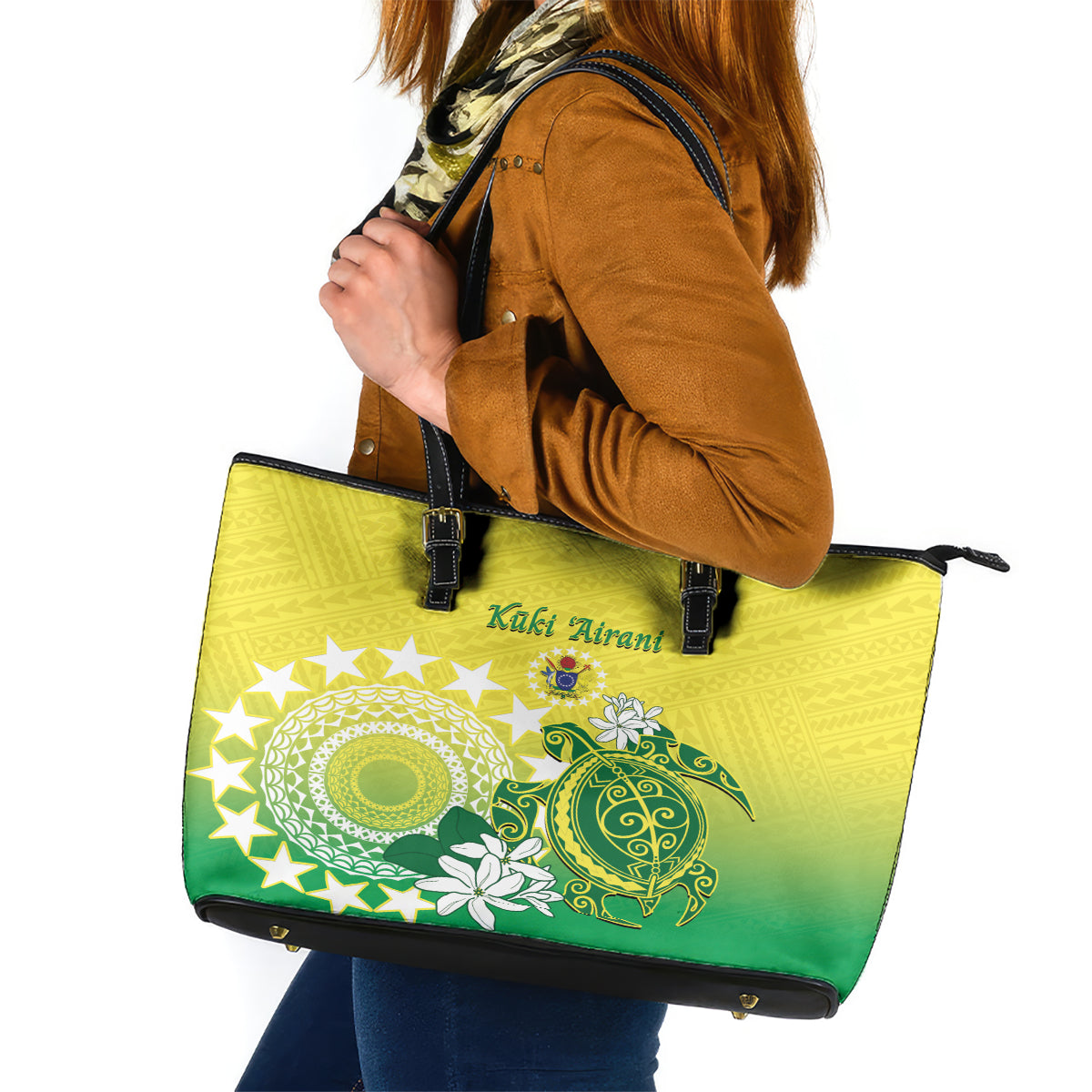 Cook Islands Independence Day Leather Tote Bag Kuki Airani Tiare Maori Polynesian Pattern - Green LT14 Green - Polynesian Pride