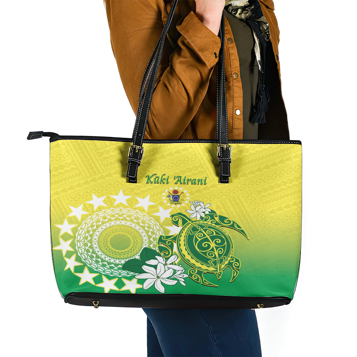 Cook Islands Independence Day Leather Tote Bag Kuki Airani Tiare Maori Polynesian Pattern - Green LT14 - Polynesian Pride