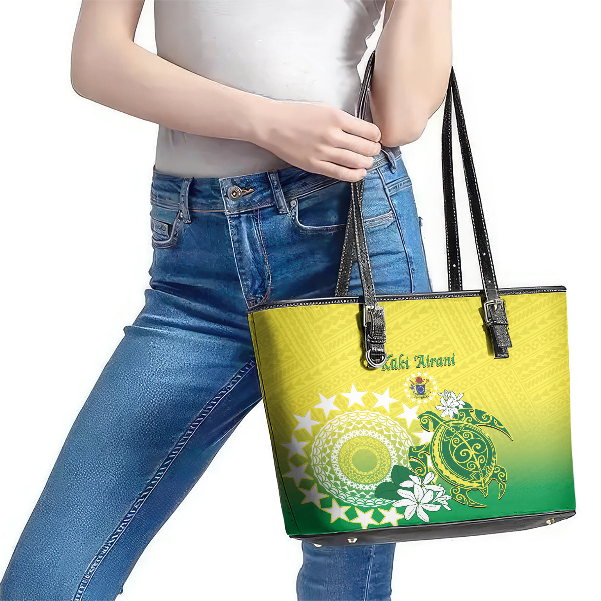 Cook Islands Independence Day Leather Tote Bag Kuki Airani Tiare Maori Polynesian Pattern - Green LT14 - Polynesian Pride