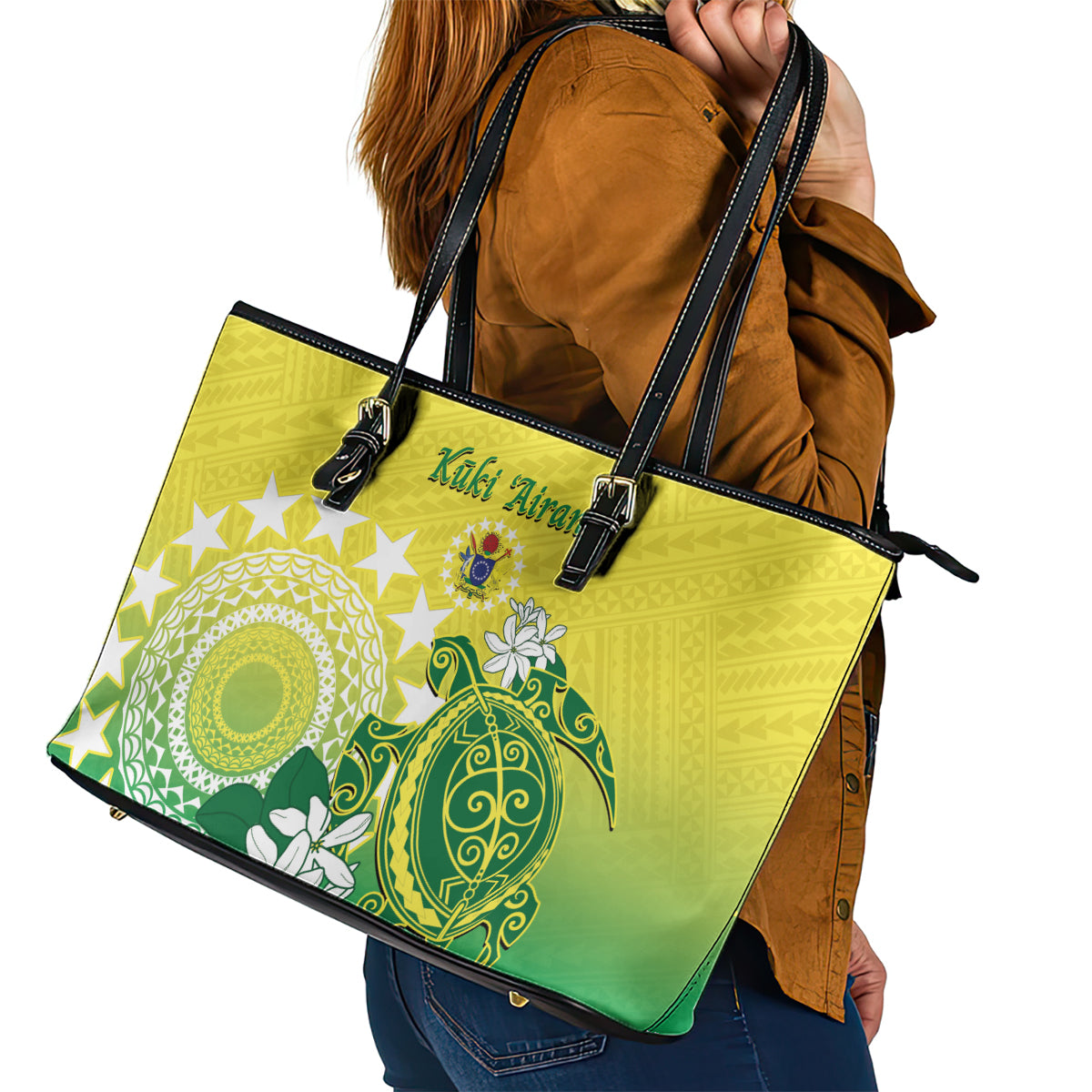 Cook Islands Independence Day Leather Tote Bag Kuki Airani Tiare Maori Polynesian Pattern - Green LT14 - Polynesian Pride