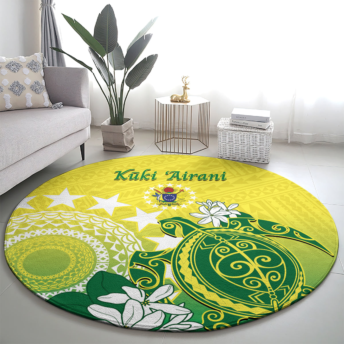 Cook Islands Independence Day Round Carpet Kuki Airani Tiare Maori Polynesian Pattern - Green LT14 - Polynesian Pride
