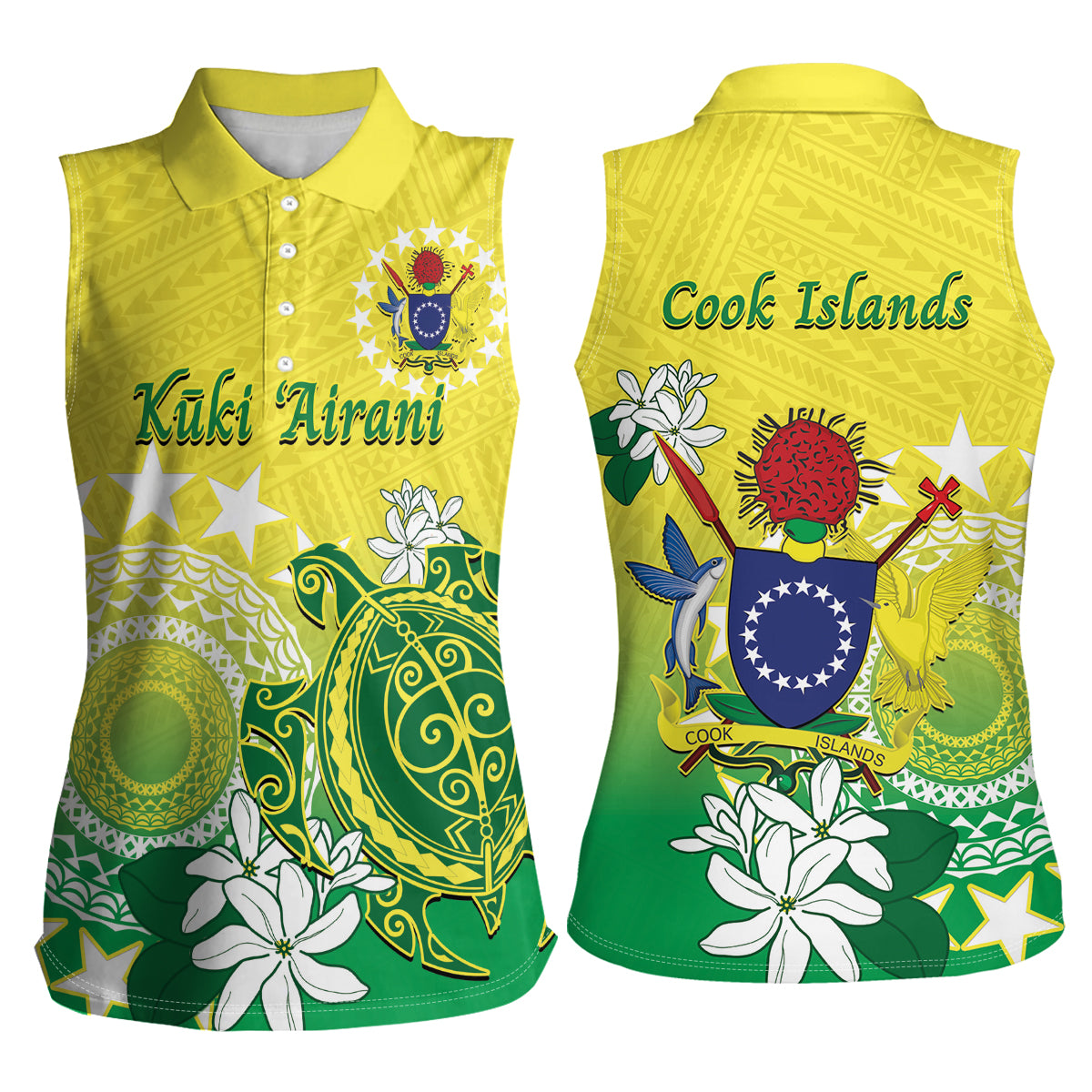 Cook Islands Independence Day Women Sleeveless Polo Shirt Kuki Airani Tiare Maori Polynesian Pattern - Green LT14 - Polynesian Pride