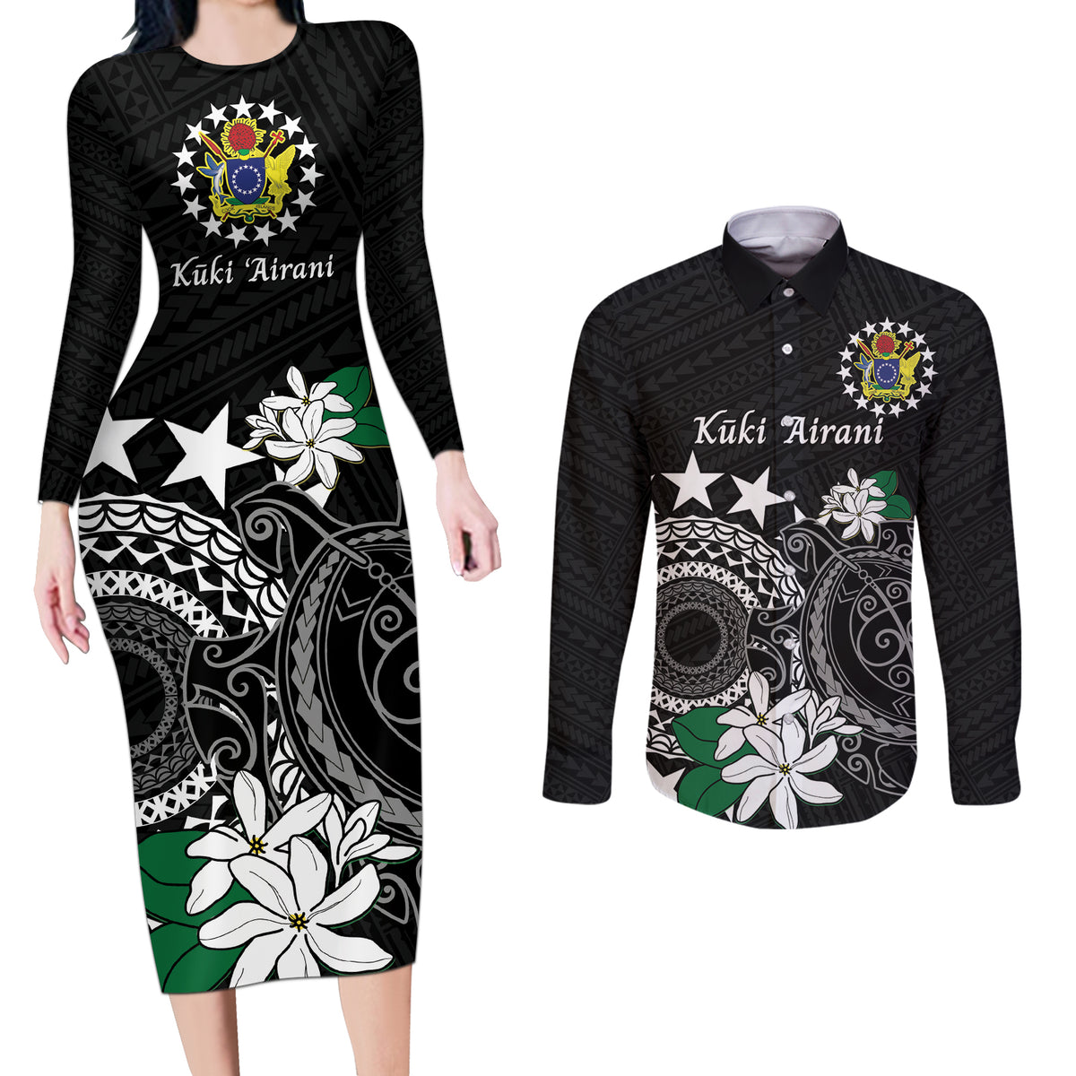 Cook Islands Independence Day Couples Matching Long Sleeve Bodycon Dress and Long Sleeve Button Shirt Kuki Airani Tiare Maori Polynesian Pattern - Black LT14 Black - Polynesian Pride