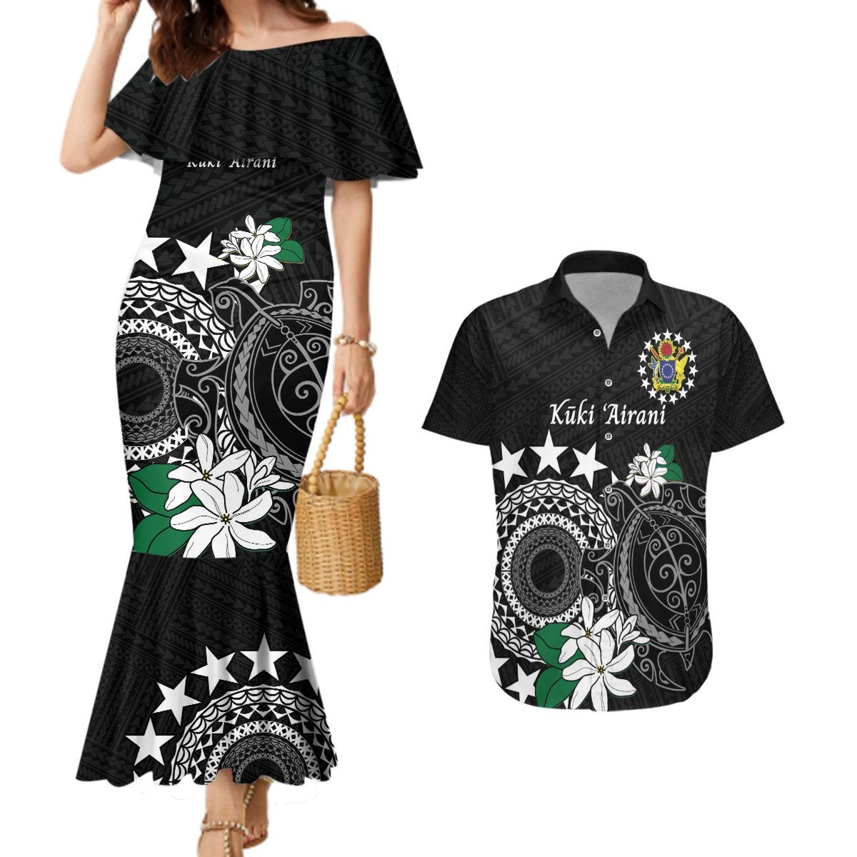 Cook Islands Independence Day Couples Matching Mermaid Dress and Hawaiian Shirt Kuki Airani Tiare Maori Polynesian Pattern - Black LT14 Black - Polynesian Pride