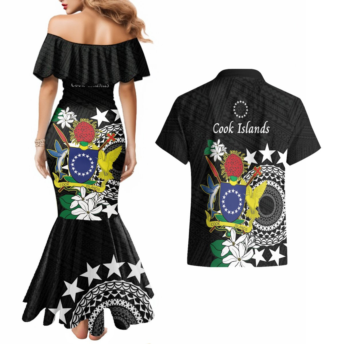 Cook Islands Independence Day Couples Matching Mermaid Dress and Hawaiian Shirt Kuki Airani Tiare Maori Polynesian Pattern - Black LT14 - Polynesian Pride
