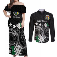 Cook Islands Independence Day Couples Matching Off Shoulder Maxi Dress and Long Sleeve Button Shirt Kuki Airani Tiare Maori Polynesian Pattern - Black LT14 Black - Polynesian Pride