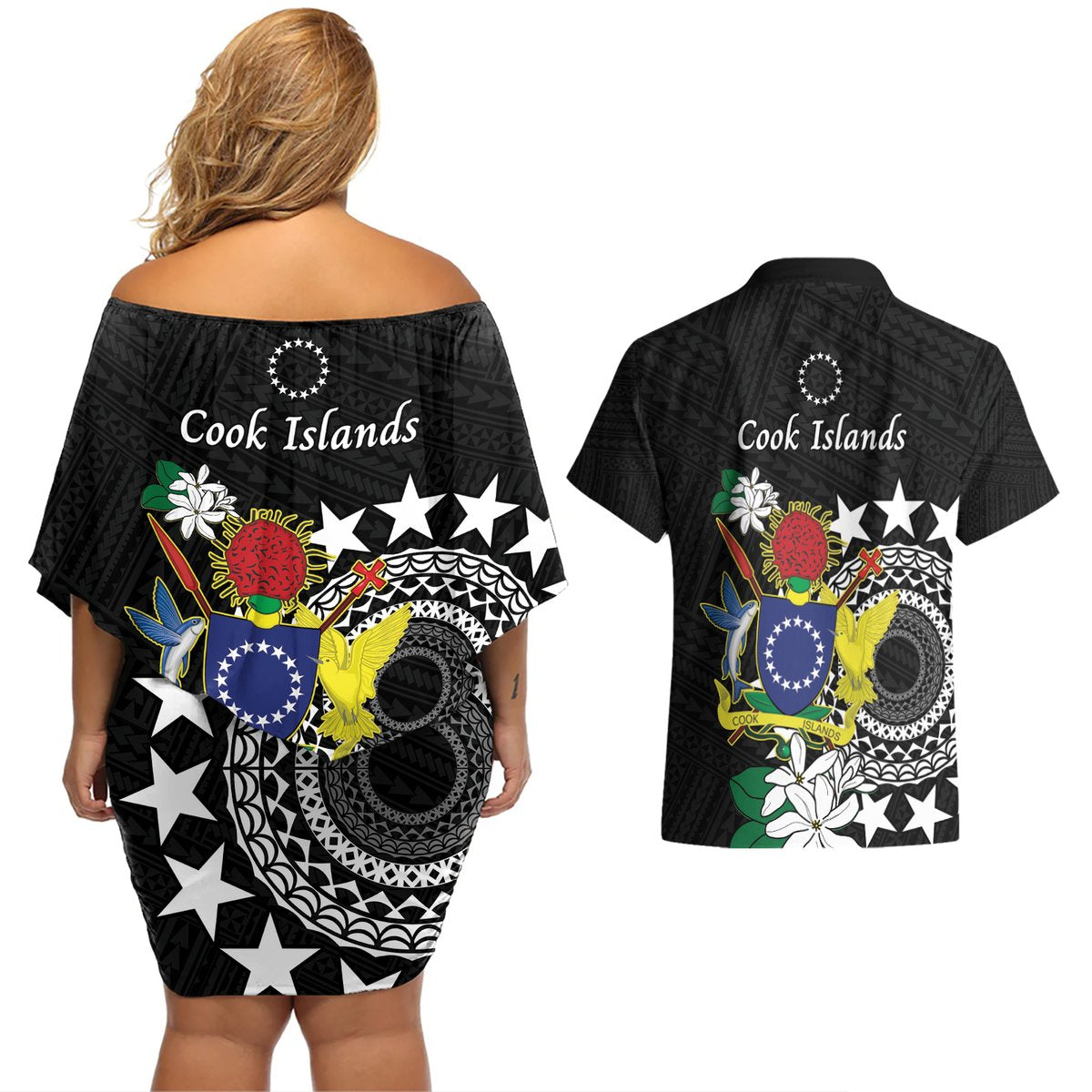 Cook Islands Independence Day Couples Matching Off Shoulder Short Dress and Hawaiian Shirt Kuki Airani Tiare Maori Polynesian Pattern - Black LT14 - Polynesian Pride