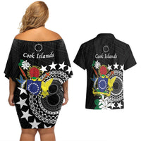 Cook Islands Independence Day Couples Matching Off Shoulder Short Dress and Hawaiian Shirt Kuki Airani Tiare Maori Polynesian Pattern - Black LT14 - Polynesian Pride