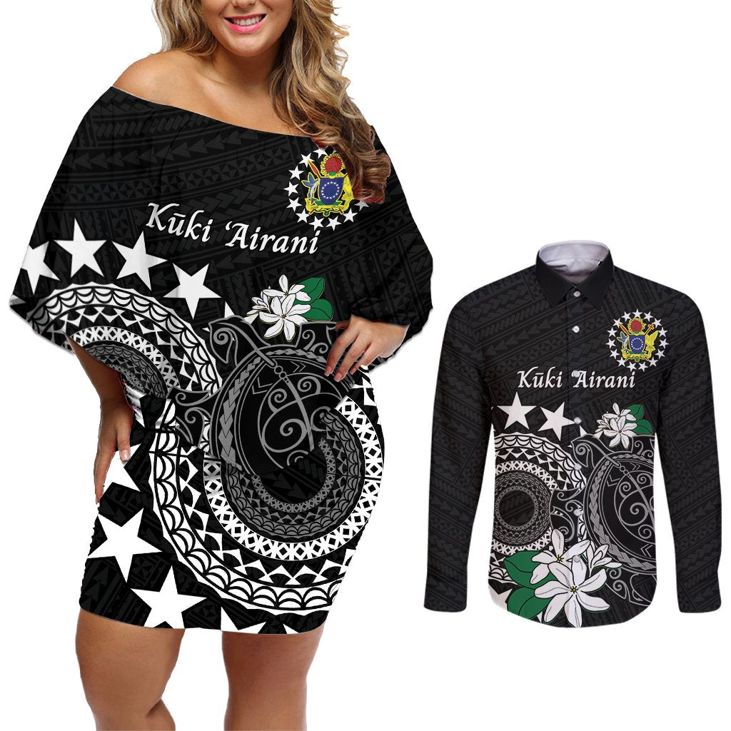 Cook Islands Independence Day Couples Matching Off Shoulder Short Dress and Long Sleeve Button Shirt Kuki Airani Tiare Maori Polynesian Pattern - Black LT14 Black - Polynesian Pride