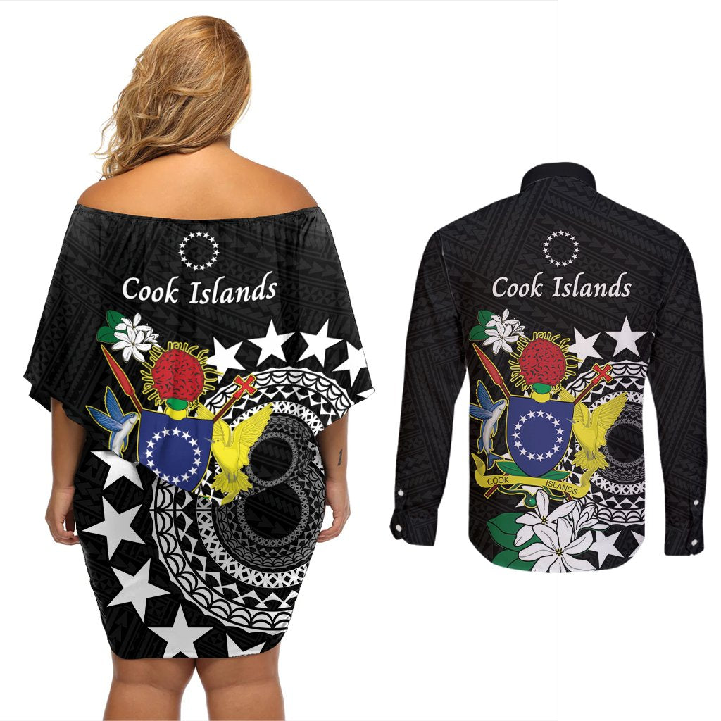 Cook Islands Independence Day Couples Matching Off Shoulder Short Dress and Long Sleeve Button Shirt Kuki Airani Tiare Maori Polynesian Pattern - Black LT14 - Polynesian Pride