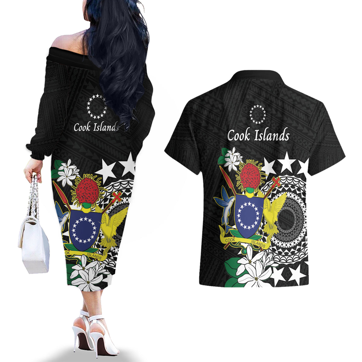 Cook Islands Independence Day Couples Matching Off The Shoulder Long Sleeve Dress and Hawaiian Shirt Kuki Airani Tiare Maori Polynesian Pattern - Black LT14 - Polynesian Pride