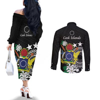 Cook Islands Independence Day Couples Matching Off The Shoulder Long Sleeve Dress and Long Sleeve Button Shirt Kuki Airani Tiare Maori Polynesian Pattern - Black LT14 - Polynesian Pride