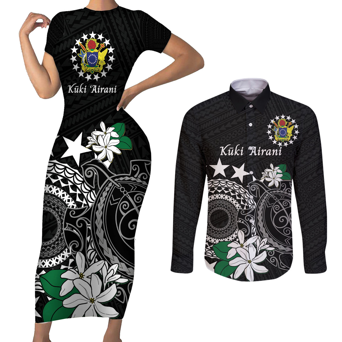 Cook Islands Independence Day Couples Matching Short Sleeve Bodycon Dress and Long Sleeve Button Shirt Kuki Airani Tiare Maori Polynesian Pattern - Black LT14 Black - Polynesian Pride